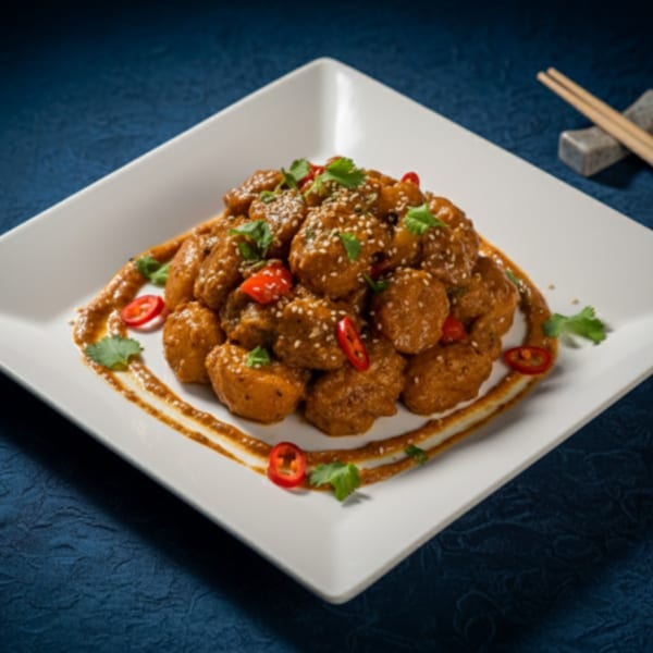 Caribbean-style cauliflower bites with sauce, sesame seeds, cilantro, and red chili on a white plate.