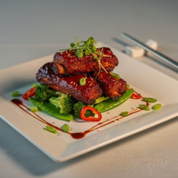Glazed Caribbean ribs with sesame seeds, microgreens, broccoli, and red pepper on a white plate.