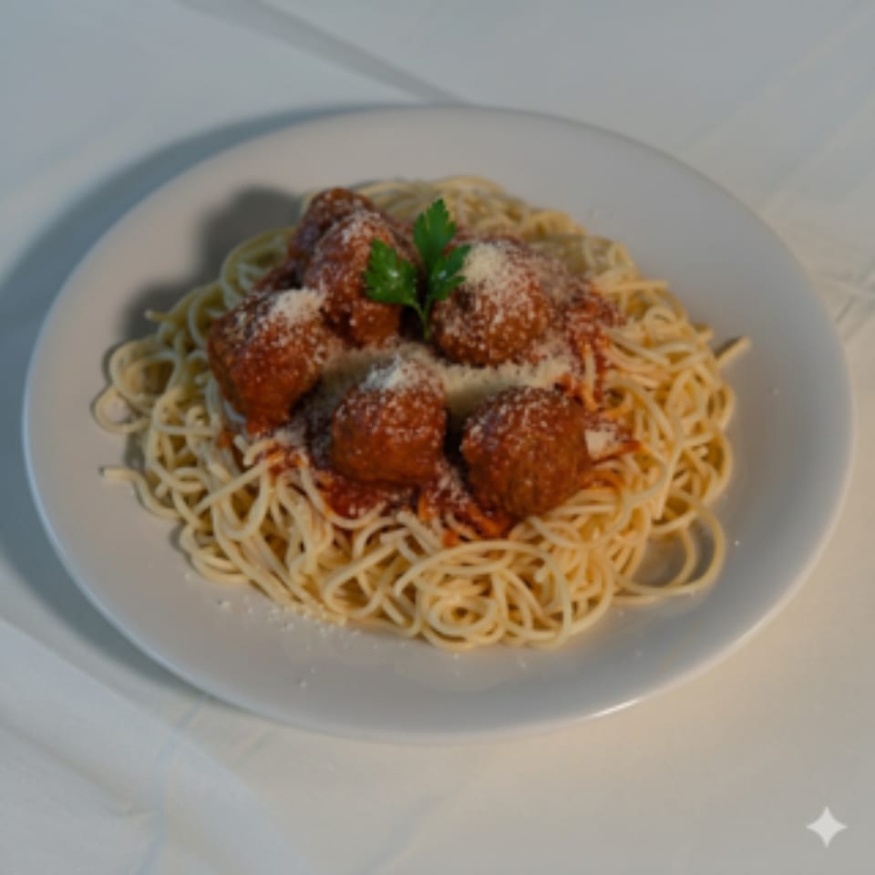 Spaghetti with meatballs, tomato sauce, and grated cheese, garnished with parsley on a white plate.